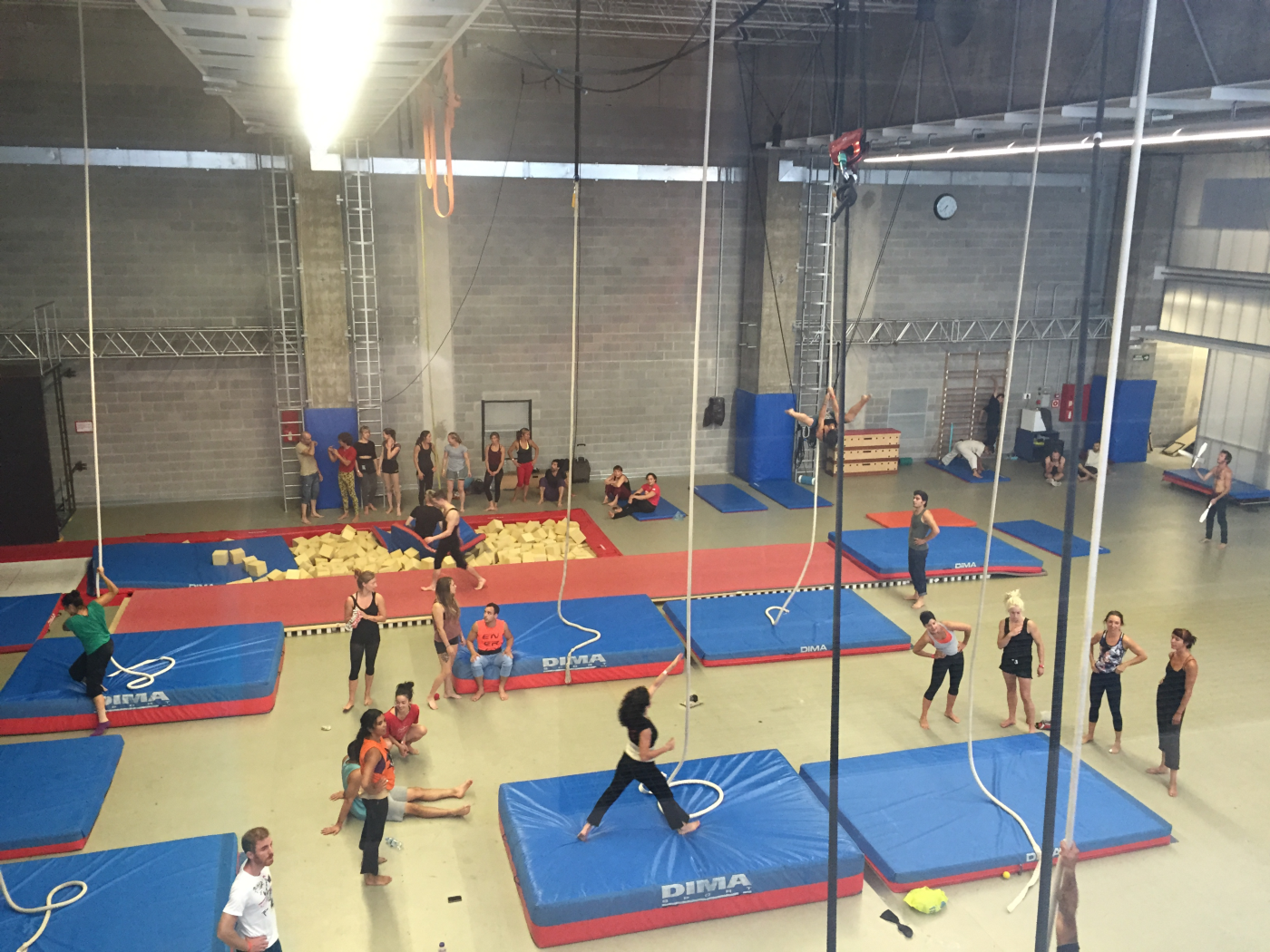 A huge bright 2-story gymnasium viewed from the 2nd floor. Many ropes hang from the ceiling and blue and red mats are scattered across the floor. Rope artists sit, stand, climb and train.